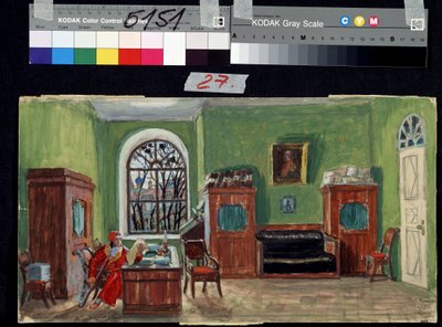 Decor preparatoire pour la piece de theatre La mort de Pasuchhin de Michaił Saltykov-Shchedrin (Sałtykov Szczedrin, Saltykow-Chtchedrine, Saltykov Chtchedrine) (1826-1889) (Scenografia do spektaklu „Śmierć Pasuchina” M. Saltykowa Szczedrina). Oeu autorstwa Boris Mikhailovich Kustodiev