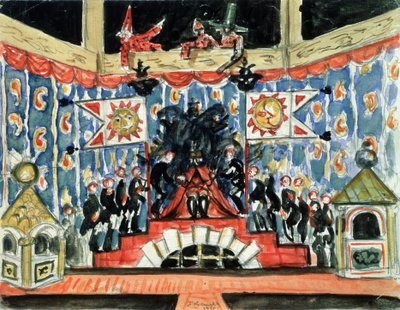 Decor preparatoire pour la piece la puce de Evgueni (Ievgueni, Eugene, Evgeni) Zamiatine (1884-1937) (Scenografia do spektaklu Pchła E. Zamiatina). Oeuvre de Boris Michaylovich Kustodiev (Kustodiev) (1878-1927), tempera sur bois autorstwa Boris Mikhailovich Kustodiev