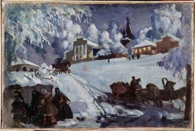 Zima, sanki (Zima. Kulig). Obraz Borisa Michaylovicha Kustodieva (Koustodiev) (1878-1927), olej na płótnie, ok. 1920 r. Sztuka rosyjska, początek XX wieku. Prywatna kolekcja. autorstwa Boris Mikhailovich Kustodiev
