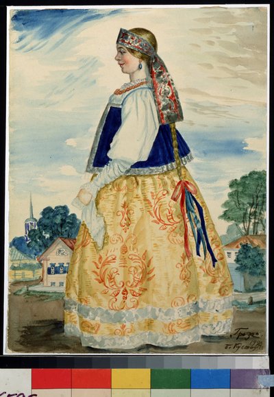 Projekt kostiumu do sztuki Burza Aleksandra Ostrowskiego (Ostrowskiego) (1823-1886) (projekt kostiumu do sztuki Burza A. Ostrowskiego). Praca Borisa Michaylovicha Kustodieva (Kustodiev) (1878-1927), akwarela na papierze autorstwa Boris Mikhailovich Kustodiev