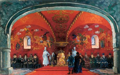 Reprezentacja Borysa Fiodorowicza Godunowa (1551-1605), cara Rosji, Dekoracja do spektaklu teatralnego „Borys Godunow” Aleksandra Siergiejewicza Puszkina (olej na płótnie) autorstwa Boris Mikhailovich Kustodiev
