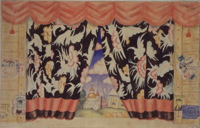 Szkic kurtyny do spektaklu teatralnego Pchła E. Zamiatina, 1925-1926 autorstwa Boris Mikhailovich Kustodiev