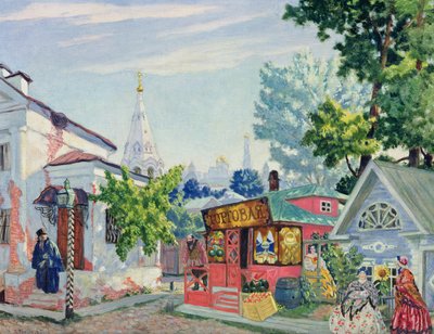 Scenografia do sztuki Ostrowskiego „Łatwe pieniądze”, 1917 (gwasz i tempera na tekturze) autorstwa Boris Mikhailovich Kustodiev