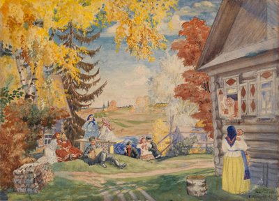 Scenografia do sztuki teatralnej Chłopki Aleksandra Neverowa, 1920 autorstwa Boris Mikhailovich Kustodiev