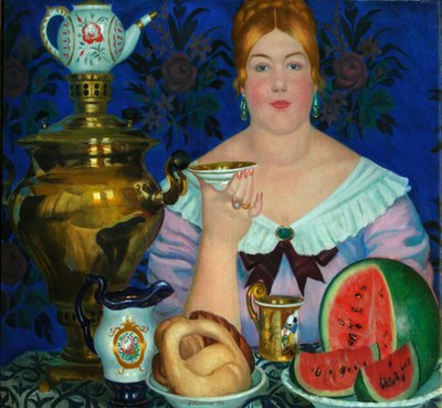 Żona kupców pijąca herbatę, 1923 autorstwa Boris Mikhailovich Kustodiev