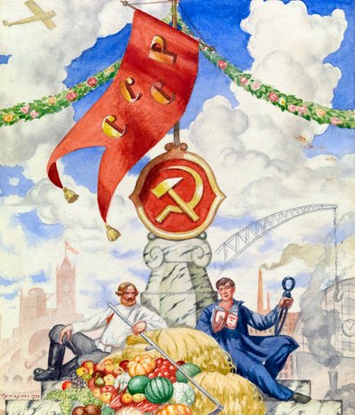 „Robotnik i rolnik zjednoczeni pod komunistyczną flagą” Plakat propagandowy Borisa Michajłowicza Kustodiewa (1878-1927) 1923 wym. 27x23 cm Kolekcja prywatna autorstwa Boris Mikhailovich Kustodiev