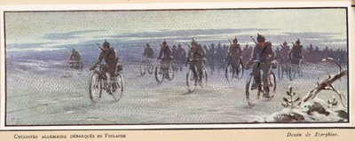 niemieccy rowerzyści przybywający do Finlandii; z Histoire des Soviets, wyd. 1922 (kolor lito) autorstwa Boris Vasilievich Zvorykin
