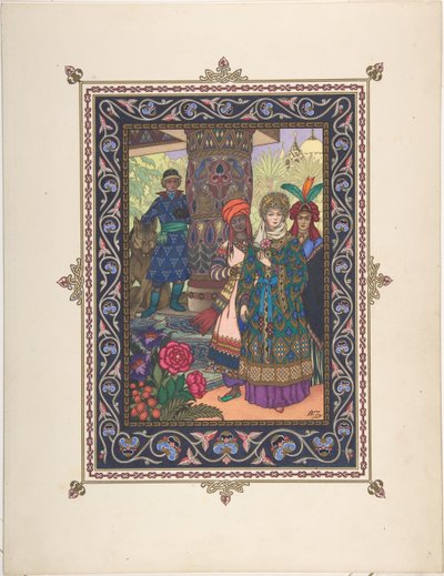 Ilustracja do baśni Iwana Carewicza, Ognistego Ptaka i Szarego Wilka 1925 autorstwa Boris Vasilievich Zvorykin