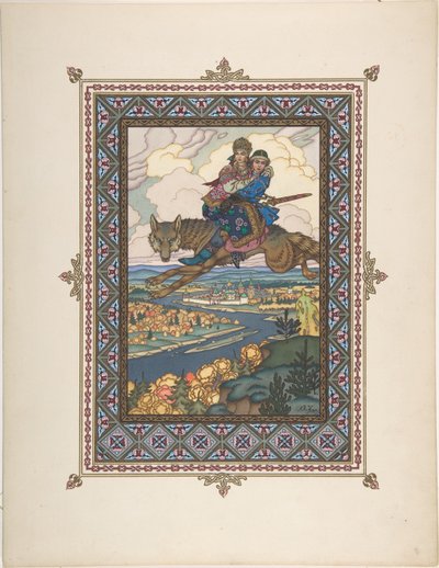 Ilustracja do baśni Iwana Carewicza, Ognistego Ptaka i Szarego Wilka 1925 autorstwa Boris Vasilievich Zvorykin