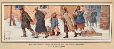 Robotnicy radzieccy opuszczający biuro z racjami żywnościowymi, z Histoire des Soviets, pub. 1922 (kolor lito) autorstwa Boris Vasilievich Zvorykin
