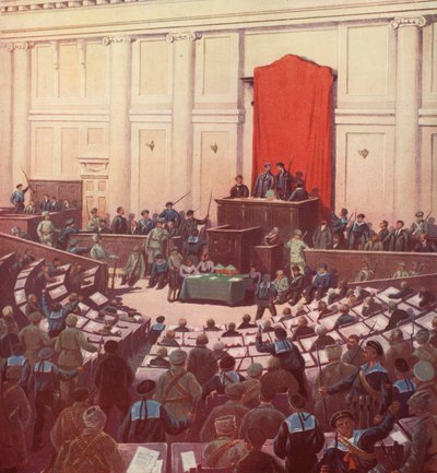 Jedyne posiedzenie rosyjskiego Zgromadzenia Ustawodawczego w Piotrogrodzie po rewolucji październikowej autorstwa Boris Vasilievich Zvorykin