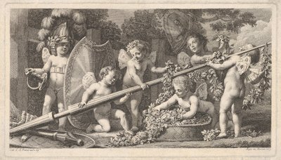 Sześć puttów bawiących się ramionami Marsa, cztery trzymające dużą lancę, jedno po lewej…, 1769. autorstwa Bossi