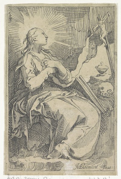 Pokutująca Maria Magdalena w jaskini przed krucyfiksem autorstwa Boëtius Adamsz. Bolswert