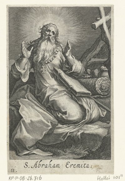 Święty Abraham z Edessy jako pustelnik S. Abraham Eremita (tytuł na obiekcie) Pustelnicy (tytuł serii) Sacra eremvs ascetarvm (tytuł serii) autorstwa Boëtius Adamsz. Bolswert