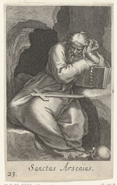 Święty Arseniusz Wielki jako pustelnik Sanctus Arsenius (tytuł na obiekcie) Pustelnicy (tytuł serii) Sacra eremvs ascetarvm (tytuł serii) autorstwa Boëtius Adamsz. Bolswert