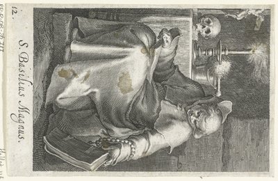 Święty Bazyli Wielki jako pustelnik S. Basilius Magnus (tytuł na obiekcie) Pustelnicy (tytuł serii) Sacra eremvs ascetarvm (tytuł serii) autorstwa Boëtius Adamsz. Bolswert