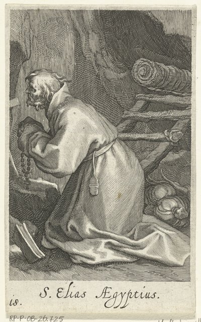 Święty Eliasz z Cezarei jako pustelnik S. Elias Aegyptius (tytuł na obiekcie) Pustelnicy (tytuł serii) Sacra eremvs ascetarvm (tytuł serii) autorstwa Boëtius Adamsz. Bolswert