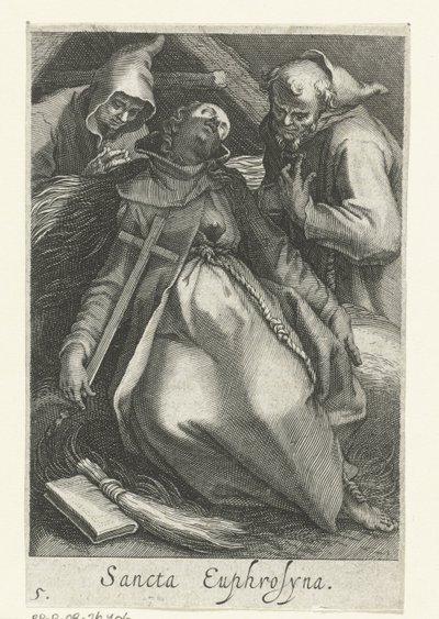 Święta Eufrosina Aleksandryjska jako pustelnik Sancta Euphrosyna (tytuł na obiekcie) Pustelnicy (tytuł serii) Sacra Eremus Ascetriarum (tytuł serii) autorstwa Boëtius Adamsz. Bolswert