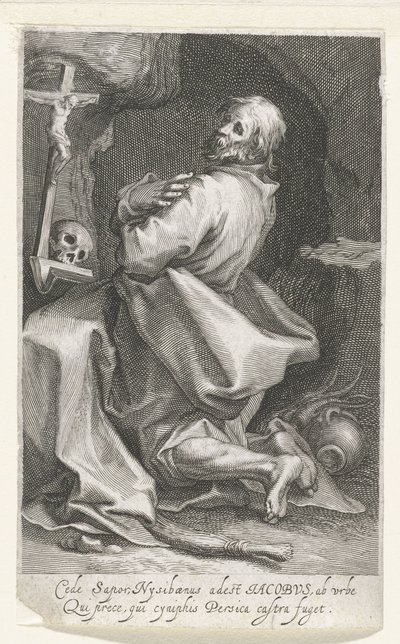 Heilige Jacobus van Nisibis als kluizenaar Cede sapor Nysibaenus (...) Persica ucieka z obozu (tytuł na obiekcie) Kluizenaars (tytuł serii) Przy świętym lustrze (...) uskrzydla ojcom (tytuł serii) autorstwa Boëtius Adamsz. Bolswert