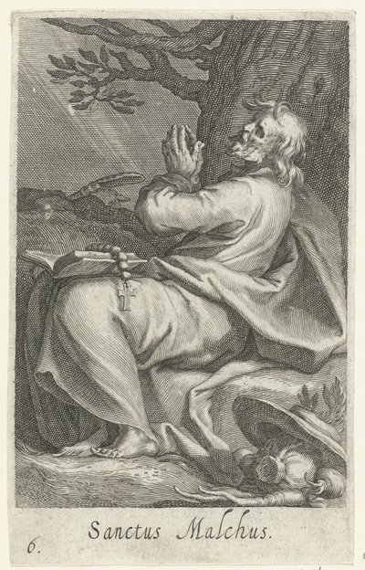Św. Malchus z Chalkis jako pustelnik Sanctus Malchus (tytuł na obiekcie) Pustelnicy (tytuł serii) Sacra eremvs ascetarvm (tytuł serii) autorstwa Boëtius Adamsz. Bolswert