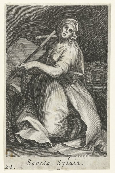 Św Sylwia z Rzymu jako pustelnik Sancta Syluia (tytuł na obiekcie) Pustelnicy (tytuł serii) Sacra Eremus Ascetriarum (tytuł serii) autorstwa Boëtius Adamsz. Bolswert