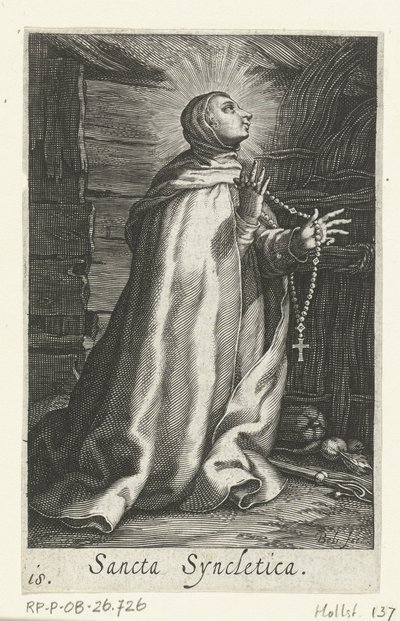 Święta Synkletyka z Aleksandrii jako pustelnik Sancta Syncletica (tytuł na obiekcie) Pustelnicy (tytuł serii) Sacra Eremus Ascetriarum (tytuł serii) autorstwa Boëtius Adamsz. Bolswert