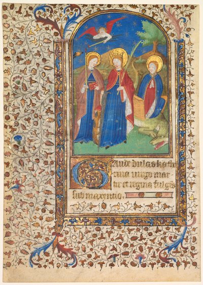 Kartka z Księgi Godzin: św. Geneviève, Katarzyna Aleksandryjska i Margaret recto..., c. 1415 autorstwa Boucicaut Master