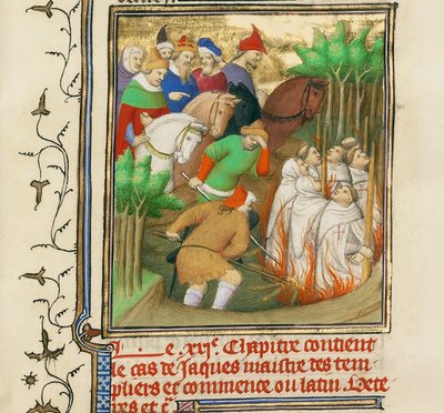 Templariusze spaleni w obecności Filipa Pięknego i jego dworzan, ok. 1413-1415 autorstwa Boucicaut Master,