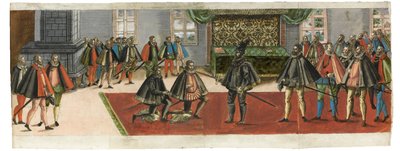 Pasowanie na rycerza. Z opisu Schludny z jakimi dostojnymi obrzędami..., 1587. autorstwa Boys