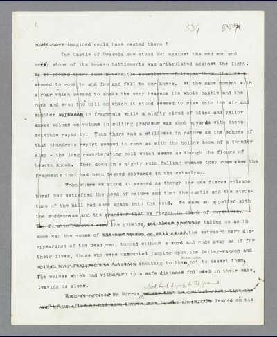 Strona 539, Rozdział 27, Usunięty fragment opisujący zniszczenie zamku Drakuli, z oryginalnego rękopisu Brama Stokera „Dracula” (druk) autorstwa Bram Stoker