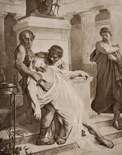 Śmierć Demostenesa, ilustracja z „Zarysu historii” H.G. Wellsa, tom I, wydanej w 1920 r. autorstwa Bramtott