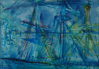Blue Schooner (pióro i atrament z wc na papierze) autorstwa Brenda Brin Booker