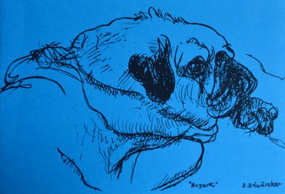 „Hogarth” (atrament na niebieskim papierze) autorstwa Brenda Brin Booker