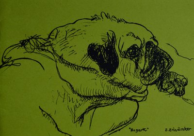 „Hogarth” (tusz na zielonym papierze) autorstwa Brenda Brin Booker