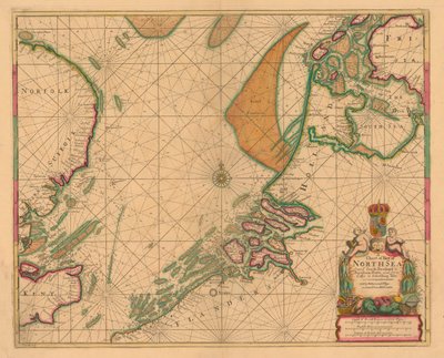 Mapa Morza Północnego od South Foreland do Burnham Flatts i od Callis do Schelling Isle, ok. 1700 r. (kolorowa rycina) autorstwa British School