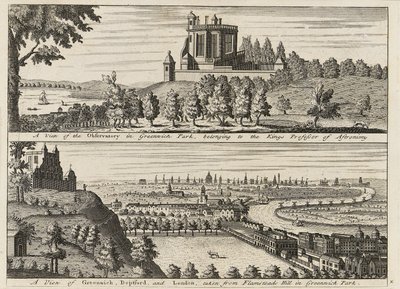 "Widok na obserwatorium w Greenwich Park...[oraz] Widok na Deptford i Londyn z Flamsteed Hill w Greenwich Park", ok. 1750 r. (rycina) autorstwa British School