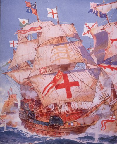 Ark Royal walczący z hiszpańską Armadą w 1588 roku (kolor lito) autorstwa British School