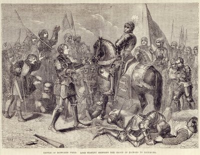 Bitwa pod Bosworth. Lord Stanley sprowadza koronę Ryszarda III do Richmond (1485): koniec Wojny Dwóch Róż - w „”Ilustrowanej historii Anglii Cassella”, tom. II, autorstwa Williama Howitta autorstwa British School