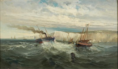 Przełamujące fale na białych klifach w Dover (olej na płótnie) autorstwa British School