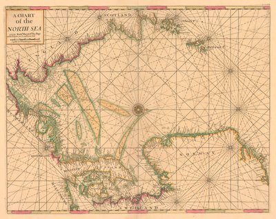 Mapa Morza Północnego: Norwegia do Cieśniny Dover, ok. 1700 r. (kolorowa rycina) autorstwa British School