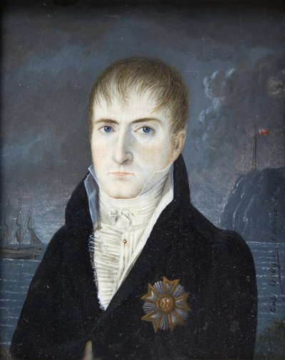 Cesarz na wyspie Sainte-Helene - Portret cesarza Napoleona I z odkrytą głową, w czarnym płaszczu, noszącego dużą tabliczkę z orłem Orderu Legii Honorowej - Portret Napoleona Bonaparte na wyspie Świętej Heleny autorstwa kapitana Dodgina (czynny autorstwa British School