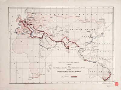 Ogólna mapa linii telegraficznych między Europą, Indiami, Australią i Chinami autorstwa British School