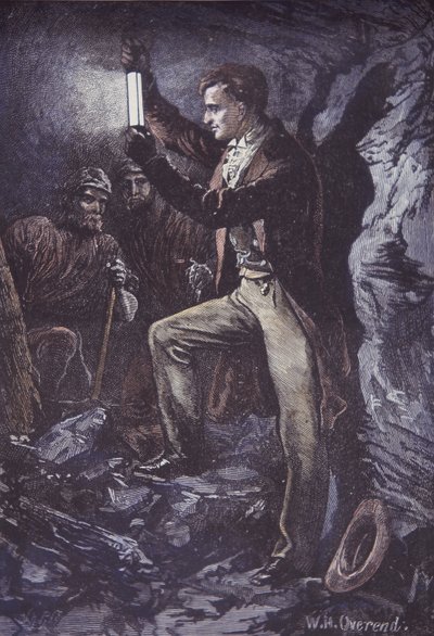 Humphry Davy z górniczą lampą bezpieczeństwa Davy, wynalezioną w 1815 r. (drewno ręcznie barwione) autorstwa British School