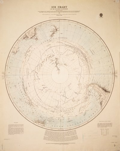 Mapa lodowa półkuli południowej opracowana na podstawie podróży Cooka 1772-5, Bellingshausena 1819-21... i Shackletona 1908-9 autorstwa British School