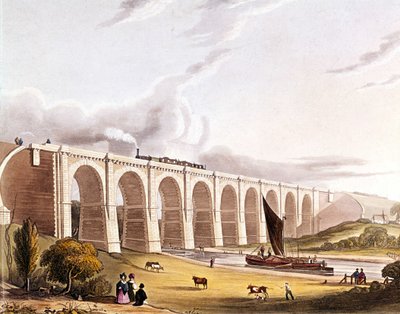 Rewolucja przemysłowa: widok na wiadukt kolejowy przecinający dolinę Sankey. Tabliczka zaczerpnięta z „”Liverpool & Manchester Railway””, Londyn 1832. autorstwa British School