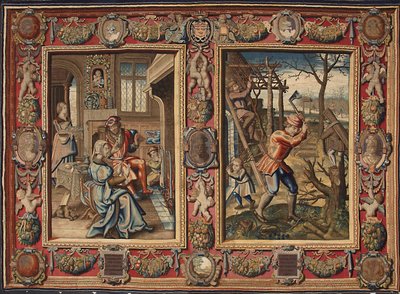 Styczeń i luty: „Para przy ognisku i drwal”” Gobelin manufaktur Mortlake. Geny z XVII wieku, Musei di Strada Nuova autorstwa British School