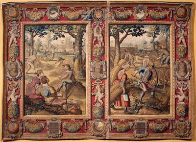 Lipiec i sierpień: "prace rolnicze i zbiory" Gobelin przedstawiający manufaktury w Mortlake. XVII wiek Genes, Musei di Strada Nuova autorstwa British School