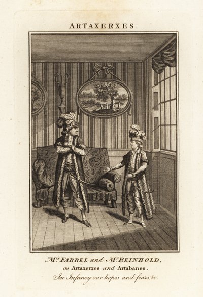 Pani Margaret Farrel i Pan Charles Frederick Reinhold w strojach perskich jako Artakserkses i Artabanes w operze Artakserkses Thomasa Arne autorstwa British School