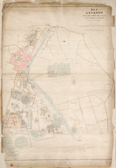 Plan Lucknow, wykreślony na podstawie pomiarów wykonanych w 1856 r. przez porucznika Moorsoma, 52. Lt. Infantry. (Przedstawiony przez kapitana Moorsoma, C.E.), ok. 1856 r. (jedwab, papier) autorstwa British School