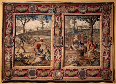 Wrzesień i październik: "praca na roli i żniwa" Gobelin przedstawiający manufaktury w Mortlake. XVII wiek Genes, Musei di Strada Nuova autorstwa British School